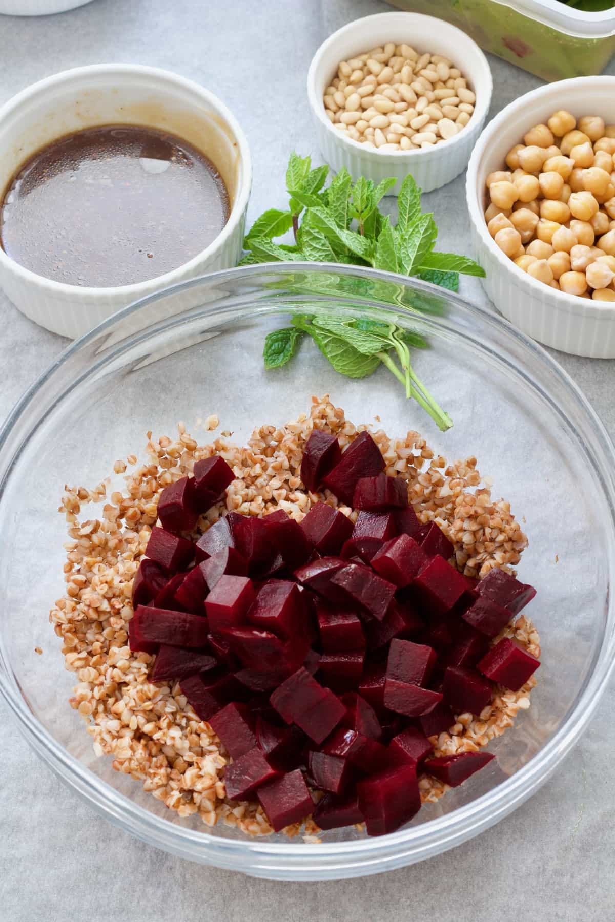 Bowl with buckwheat and cubed beetroot.