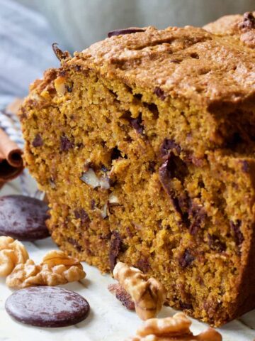 Close up of cut side of pumpkin banana bread.