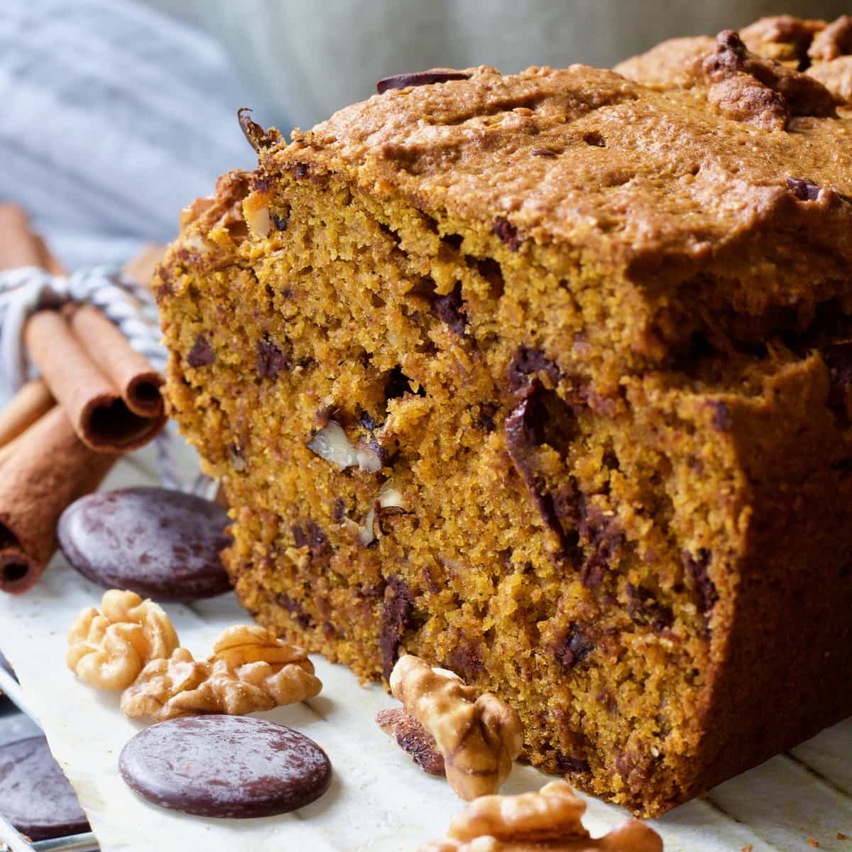 Close up of cut side of pumpkin banana bread.