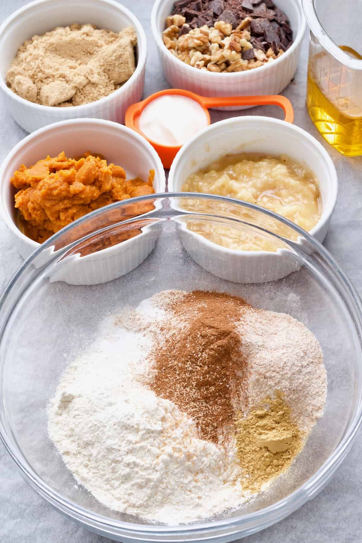 All ingredients to bake pumpkin banana bread.