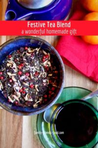 Tea blend in a bowl with cup and saucer.