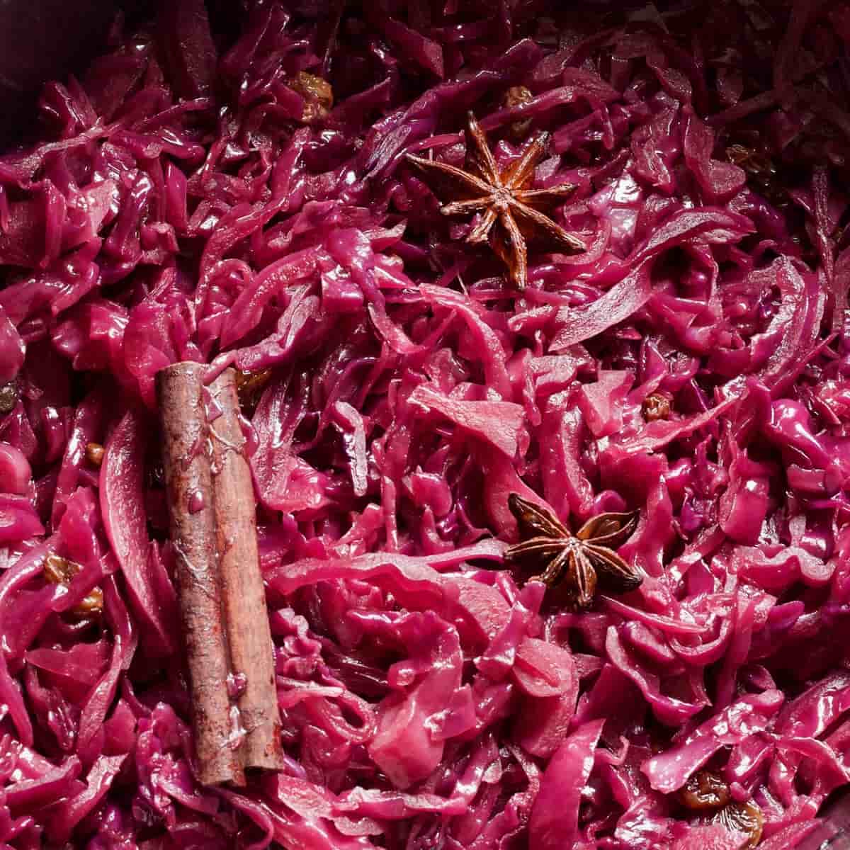 Close up of cooked red cabbage with cinnamon stick and star anise.