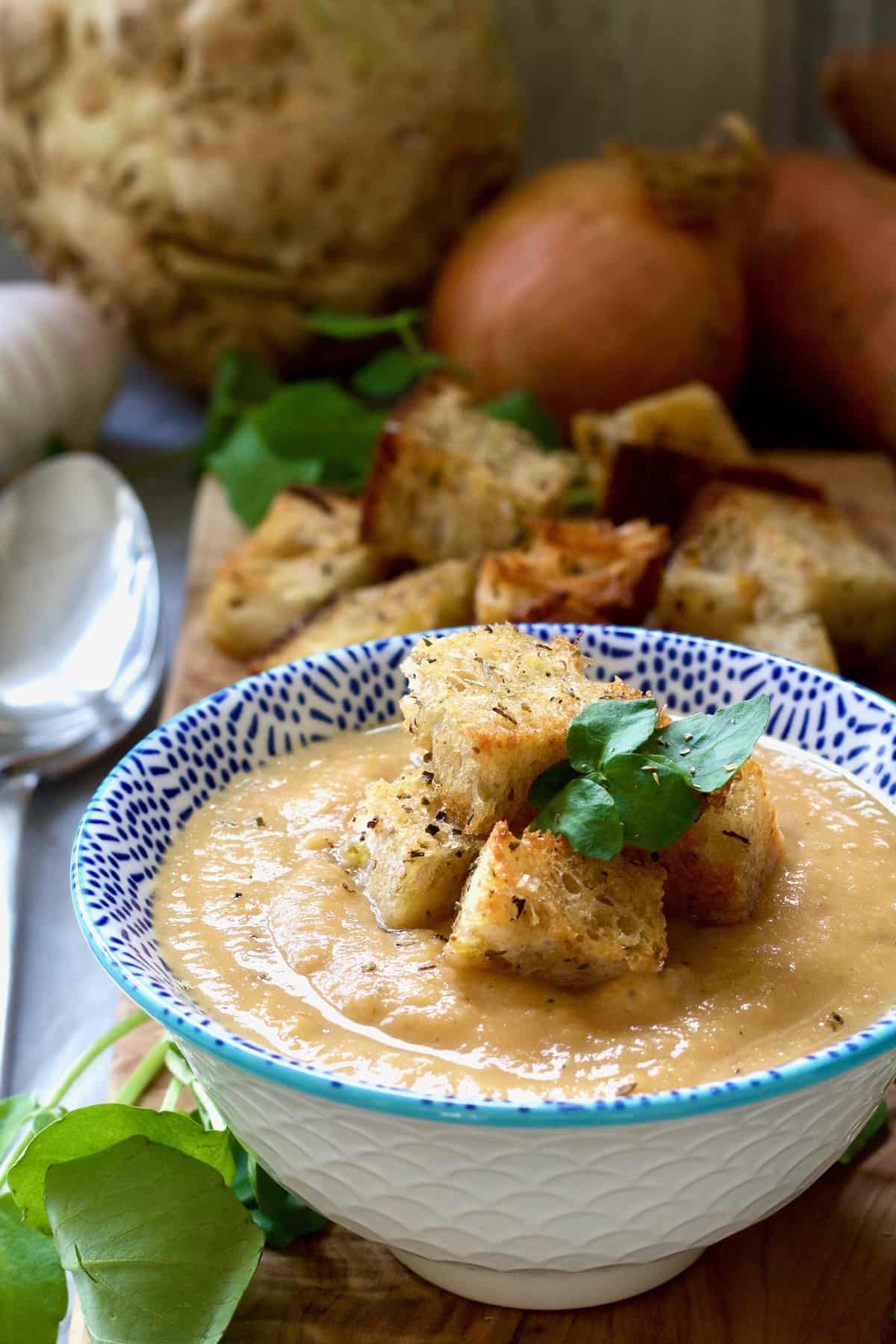 Close up of bowl with soup garnished with croutons.