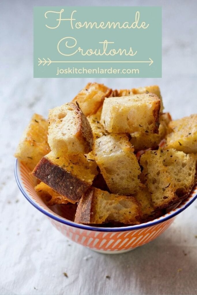 Bowl filled with homemade croutons.