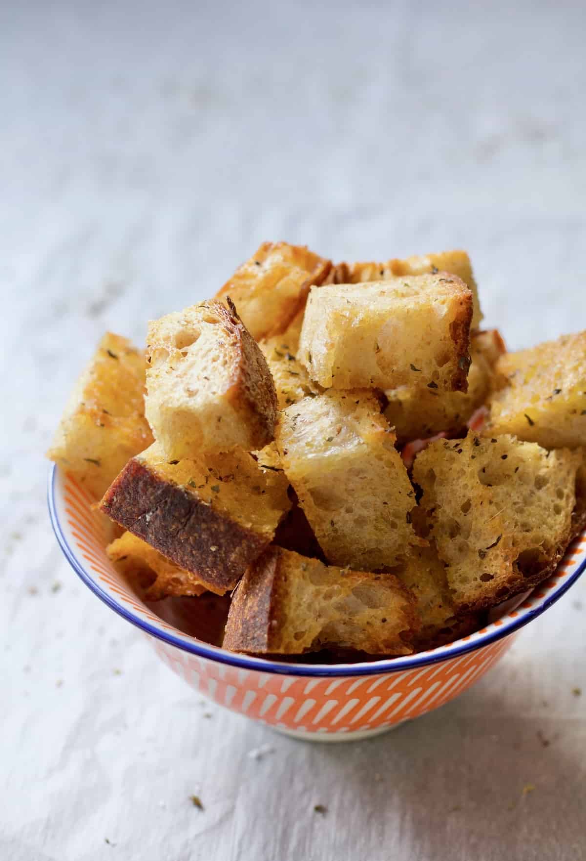 Homemade croutons in a bowl.