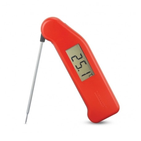 Red digital food thermometer.