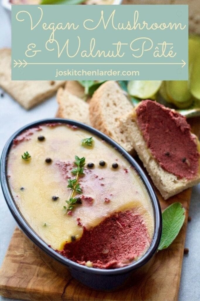 Mushroom and walnut pâté in an oval dish on a board.