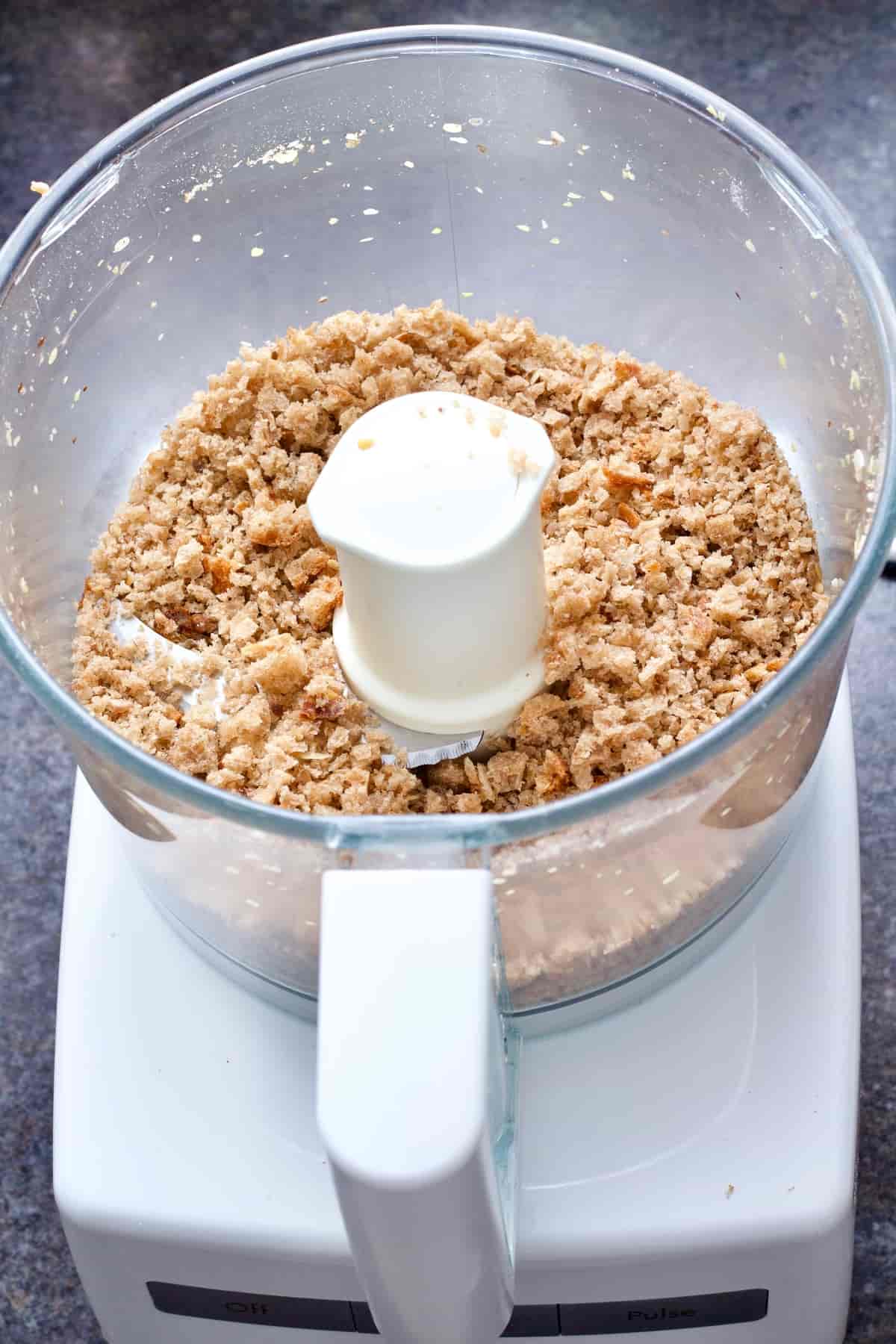 Breadcrumbs in a food processor.