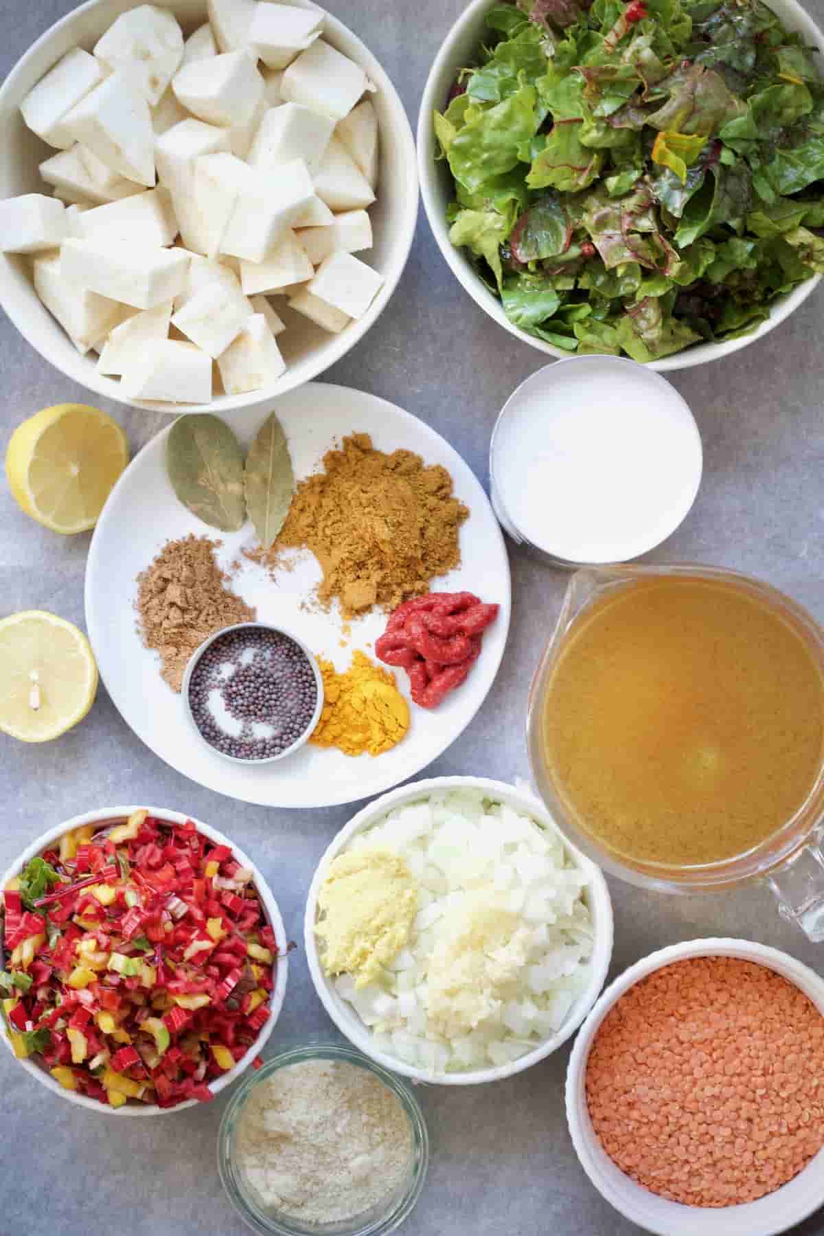 Ingredients for making celeriac & chard curry.