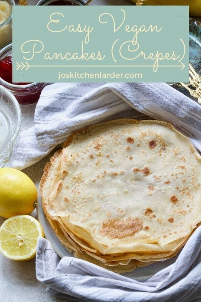 Vegan pancakes (crepes) piled up on a plate (pin).