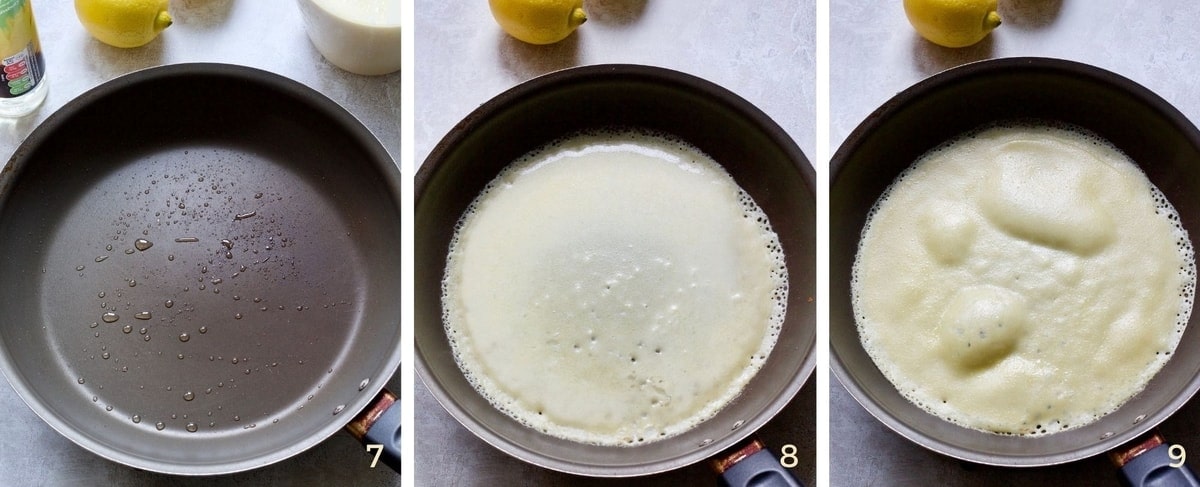 Process of pancake frying on one side.