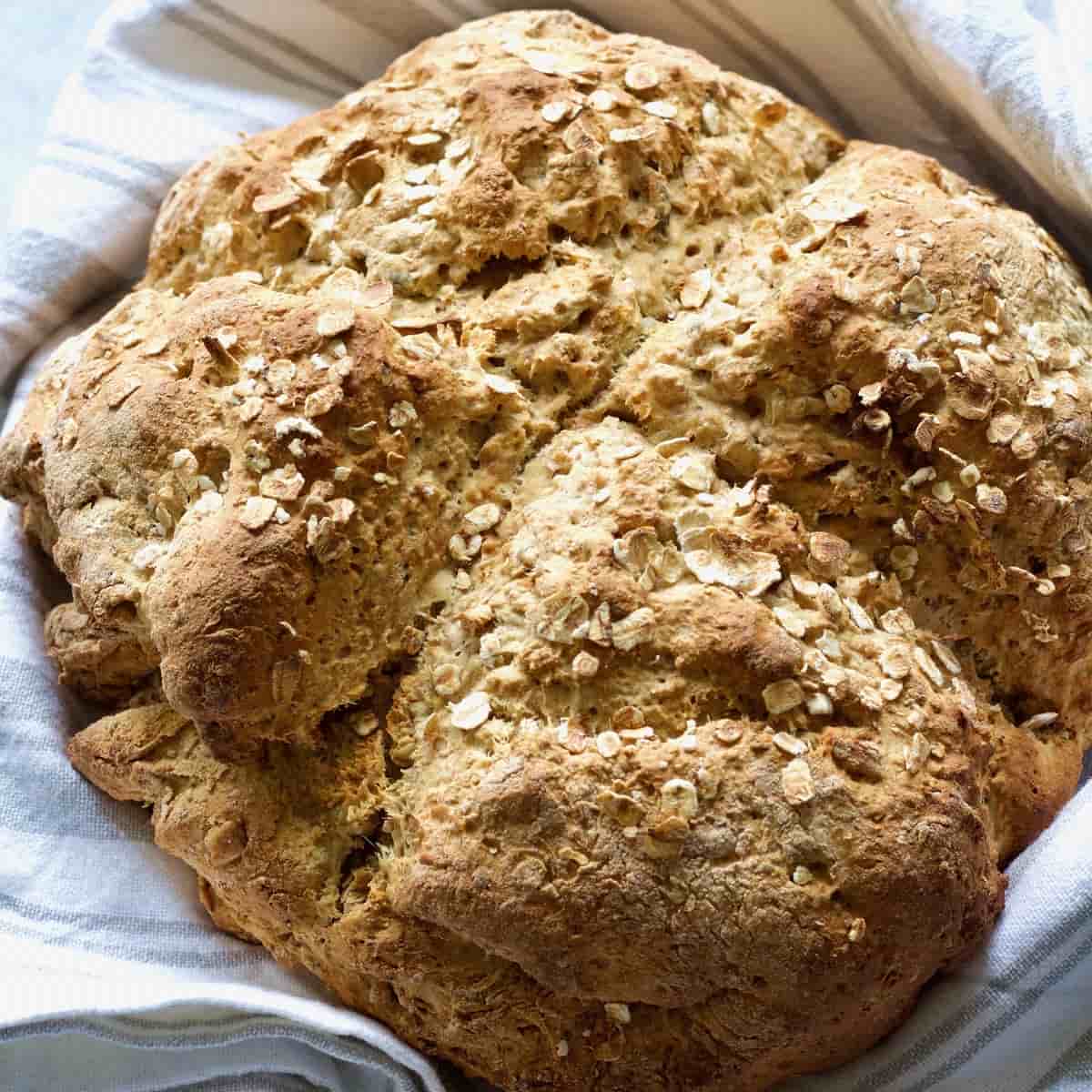 Close up of baked vegan soda bread loaf.