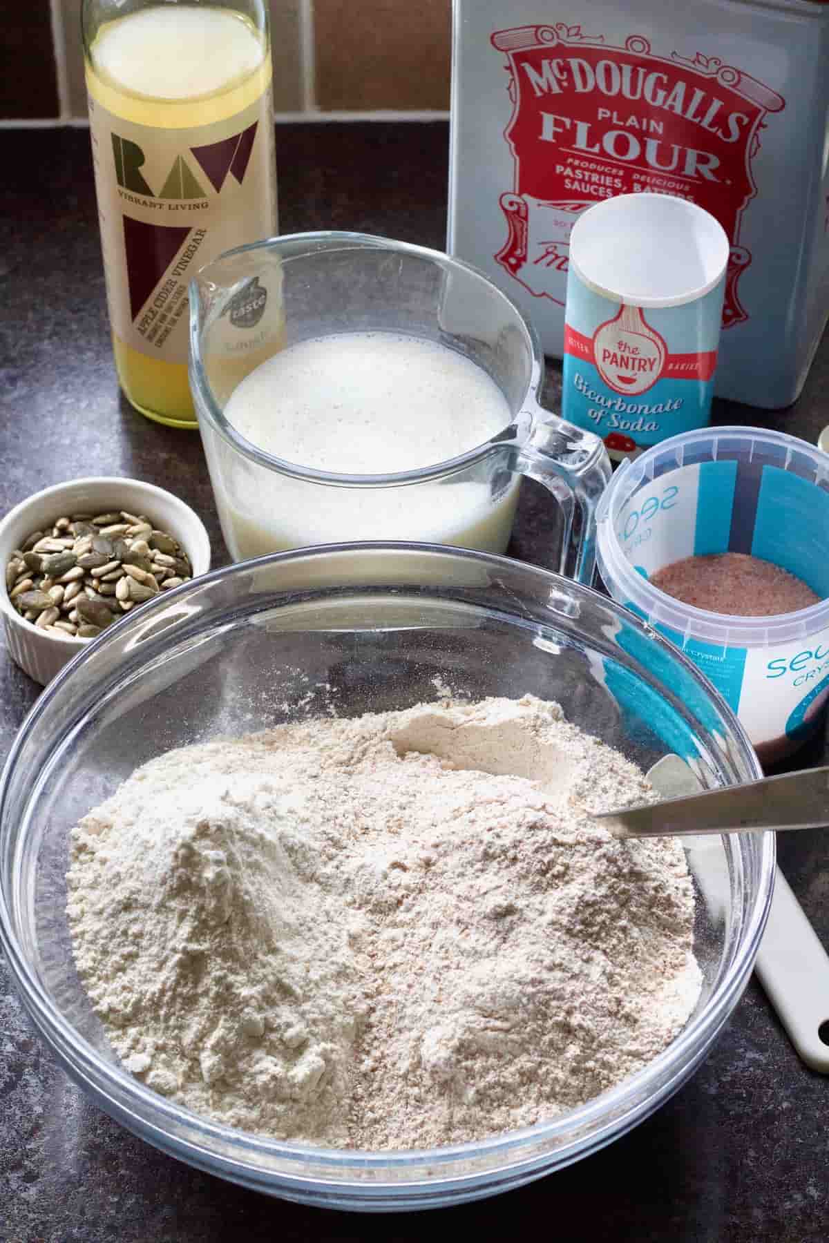 Ingredients for baking vegan soda bread.