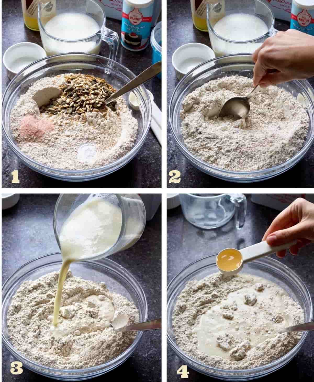 Mixing ingredients to prepare bread dough.