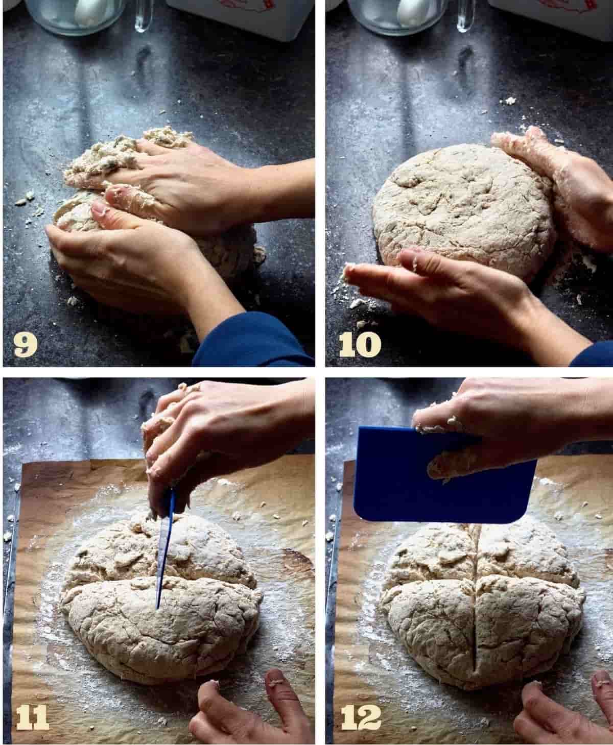 Forming a bread loaf and making a cross in the middle.