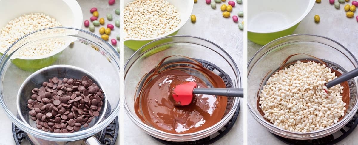 Melting chocolate & adding puffed rice.