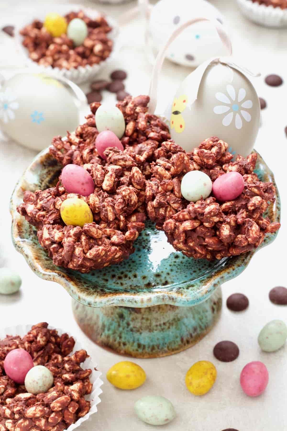 Easter Chocolate Eggs on a cake stand.