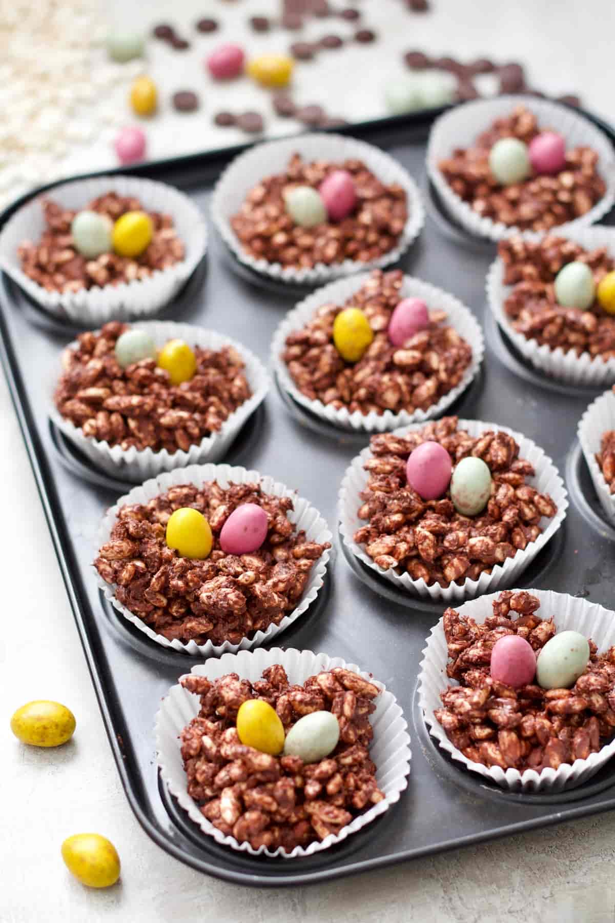 Tray filled with Easter Chocolate Nests topped with Mini Eggs.