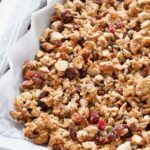 Baked homemade granola in a tray.