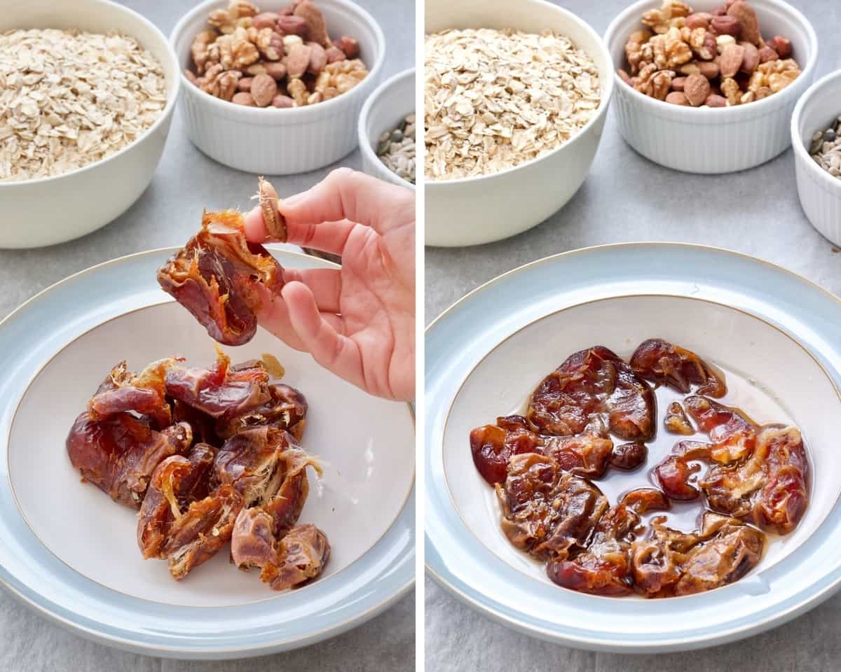 Hand taking stones out of dates and dates soaking.