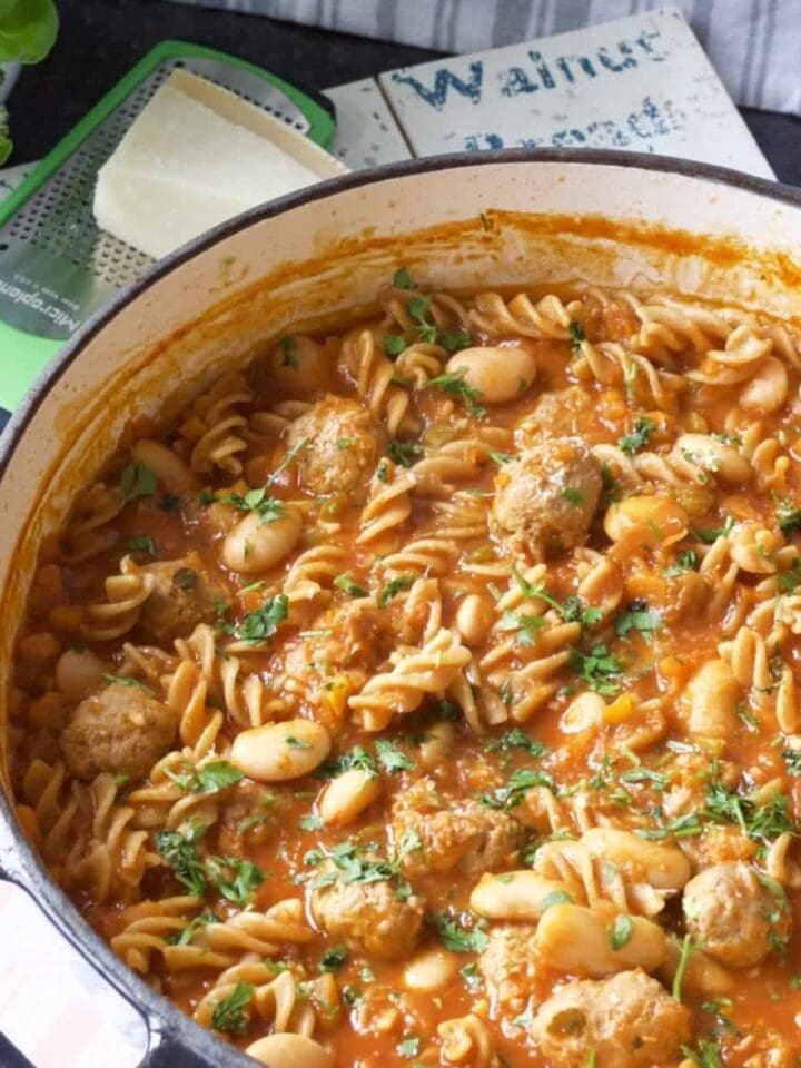 Finished one-pot bean & sausage pasta in a pot.