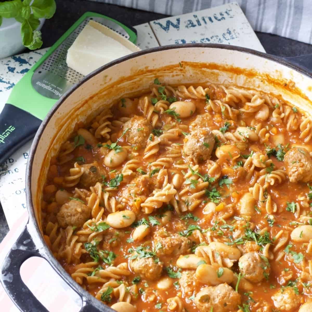 Finished one-pot bean & sausage pasta in a pot.