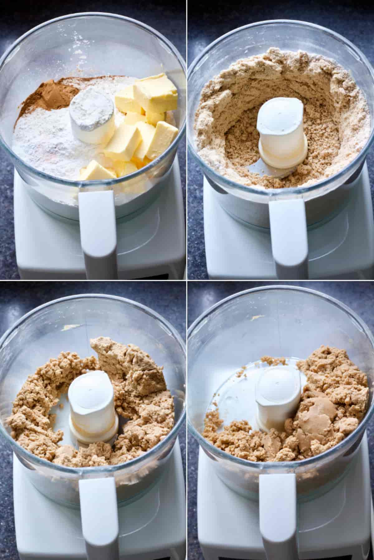 Cookie dough making process in food processor.