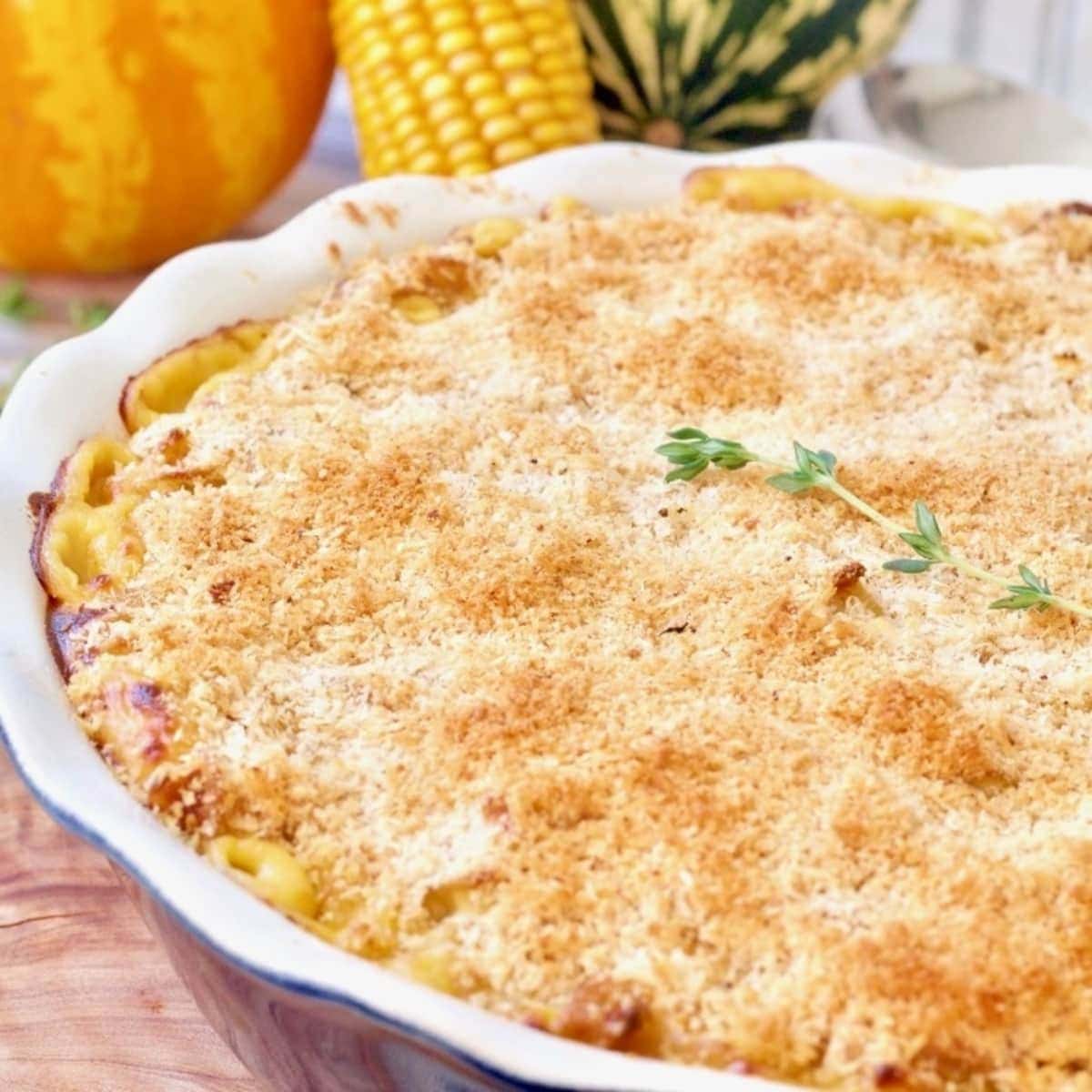 Mac and cheese baked in a dish.