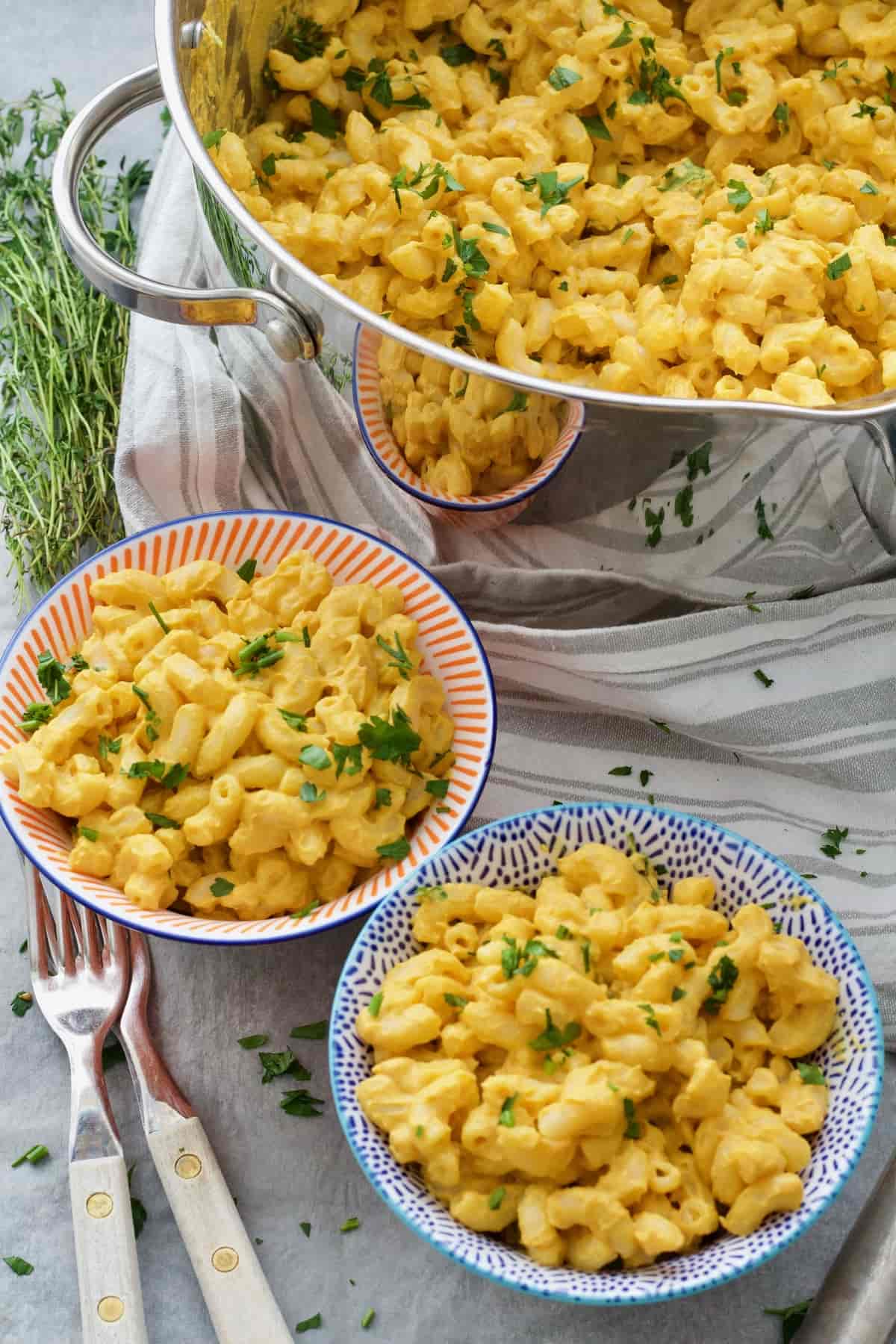 2 portions of vegan butternut squash mac and cheese.