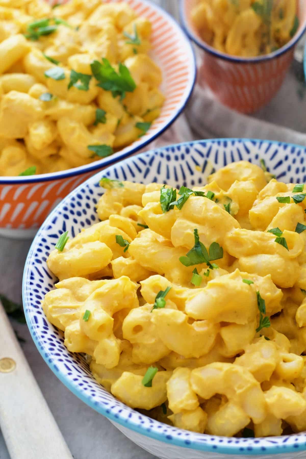 Close up of portion of butternut squash mac and cheese.