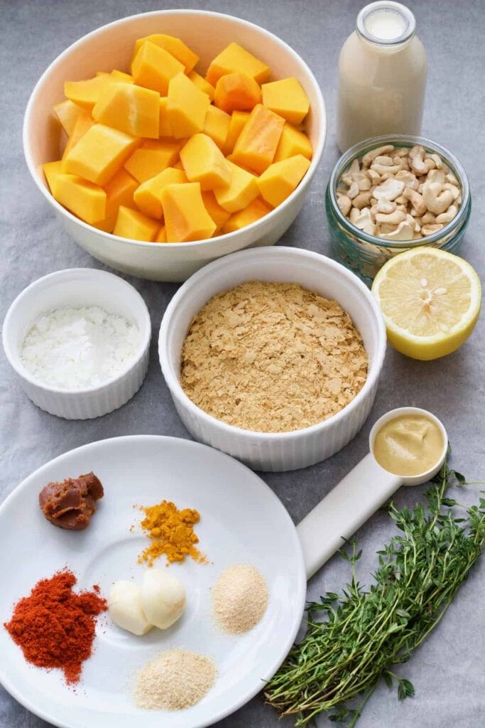 Ingredients for making butternut squash macaroni cheese.