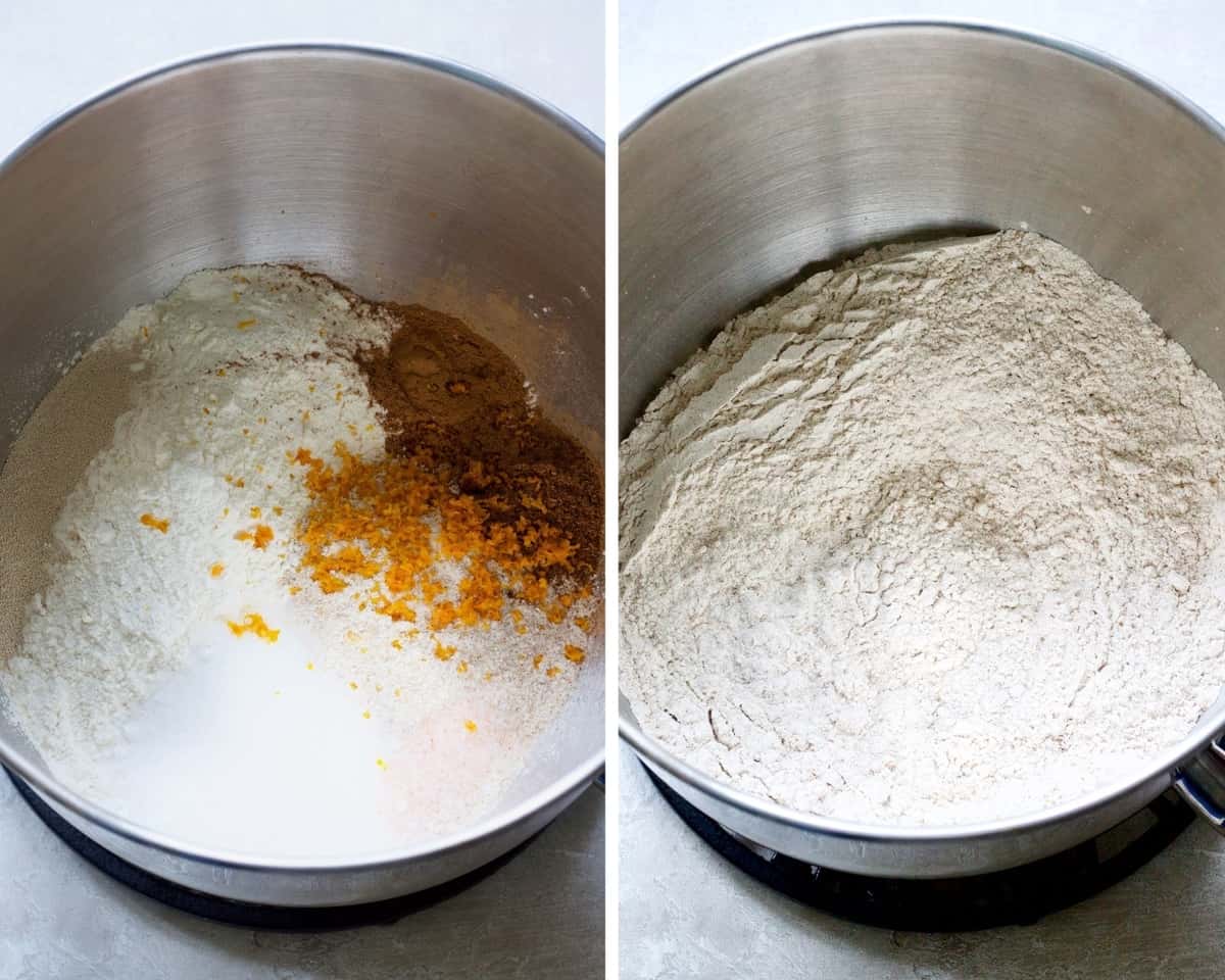Dry ingredients in a bowl before and after mixing.