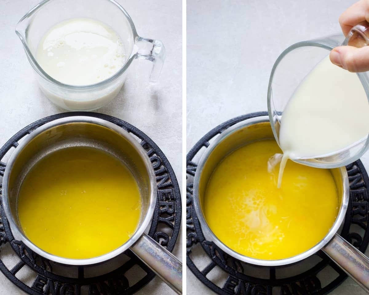 Pan with melted butter and milk being added.