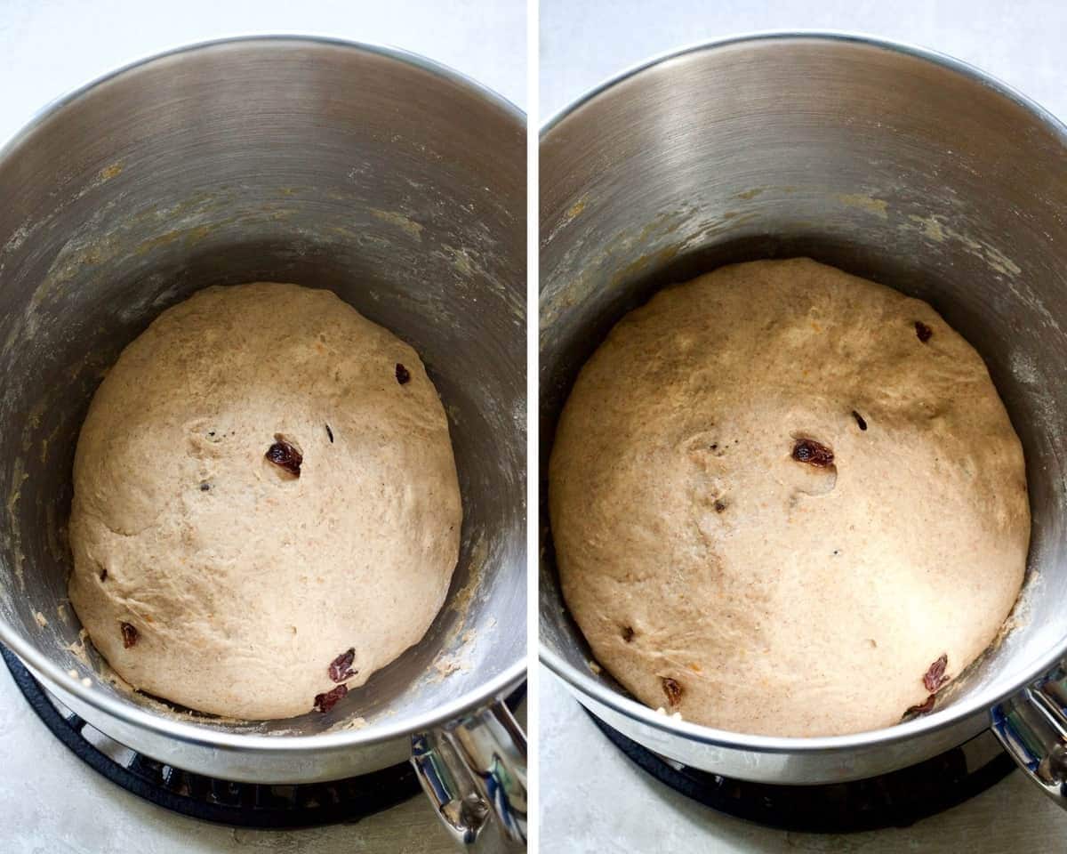 Dough in a bowl before and after proving.