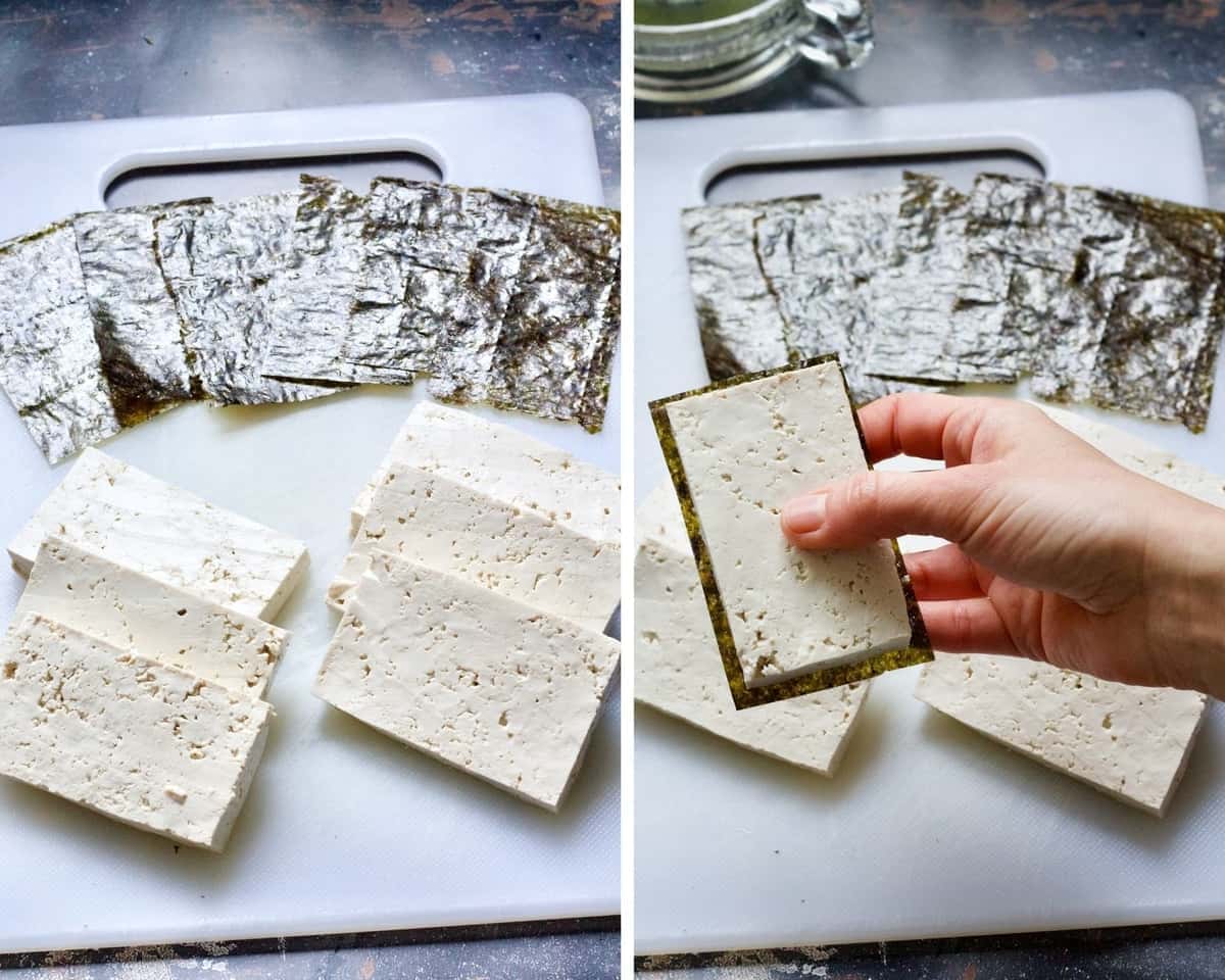 Lining tofu slices with nori sheets.