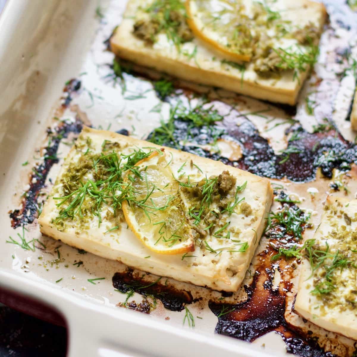 Close up of baked slice of tofu fish.