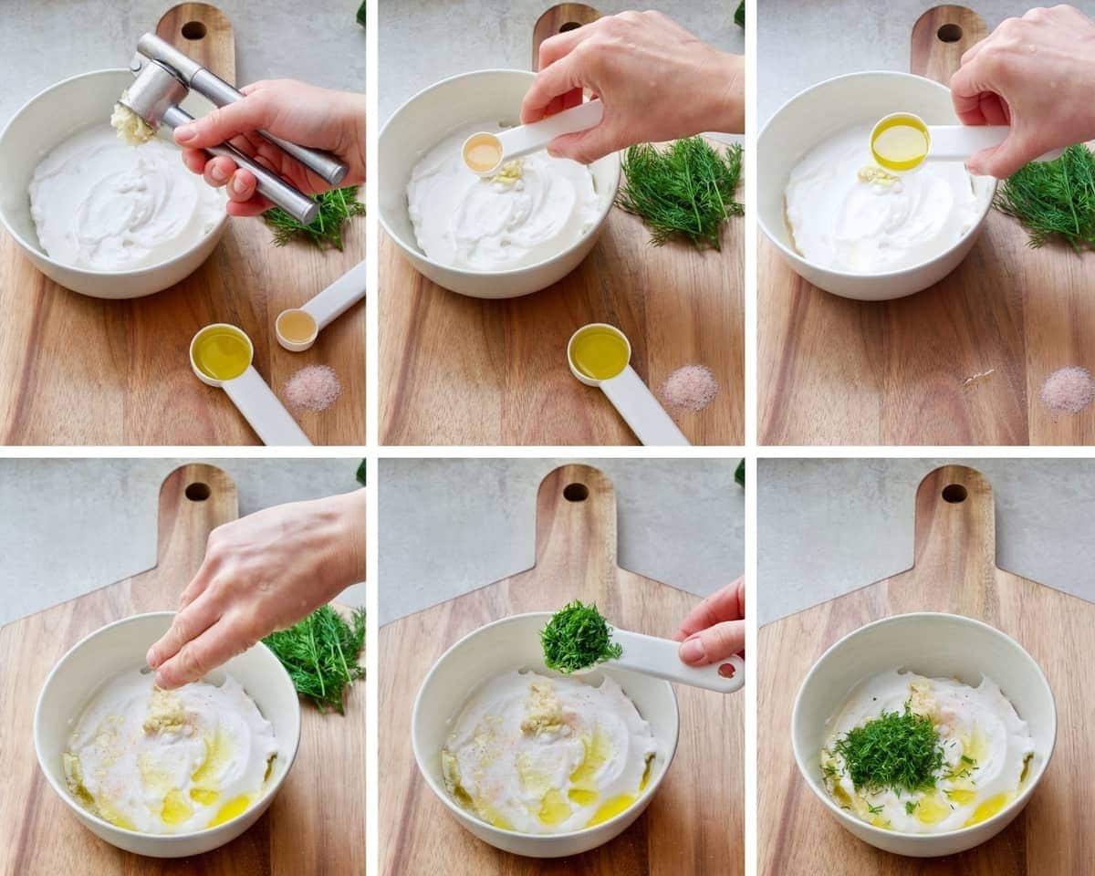 Process of putting all tzatziki ingredients together.