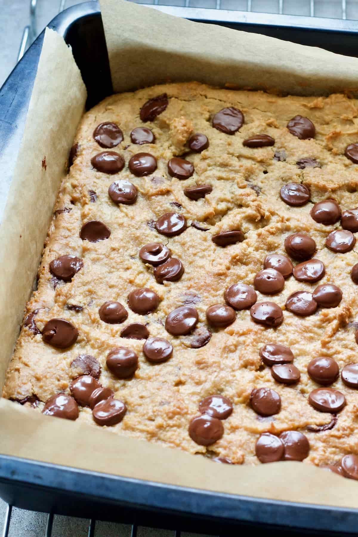 Baked chickpea blondies in baking tin.