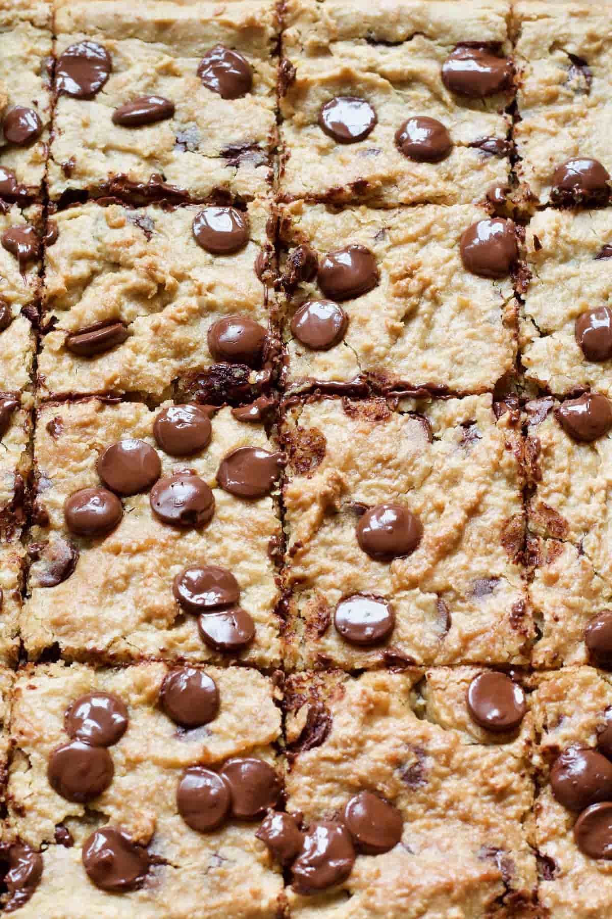 Close up of portioned chickpea blondies with chocolate chips.