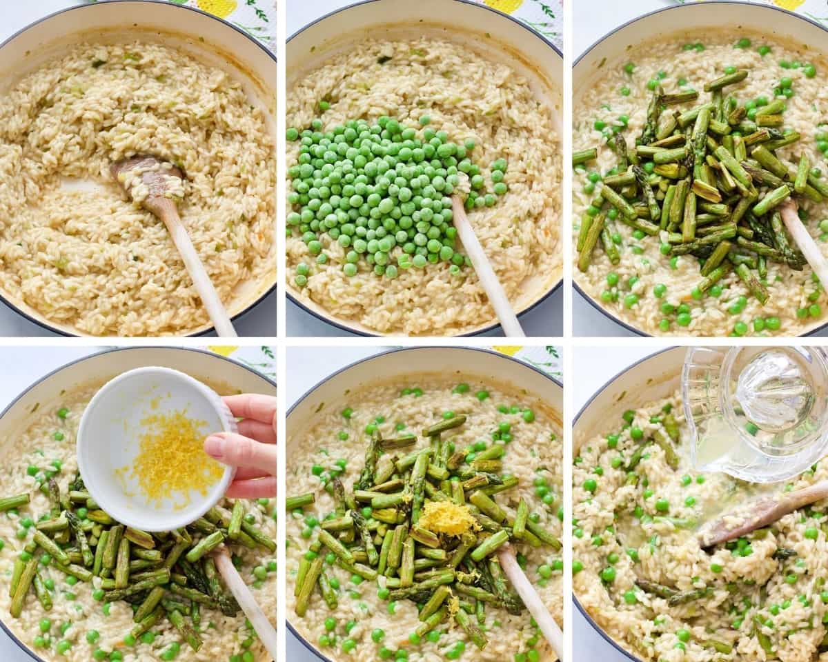 Peas, asparagus, lemon zest and juice being added to the risotto.