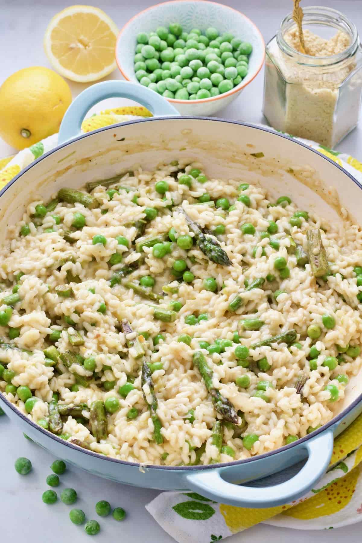 Pea and Asparagus Risotto in a pan.