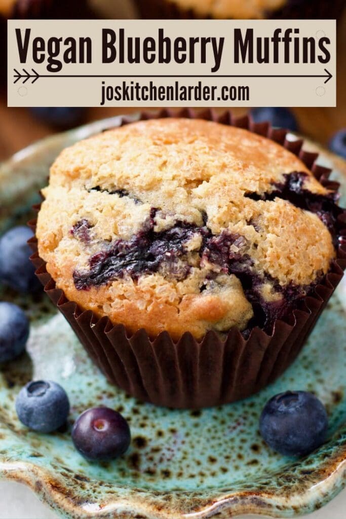 Vegan blueberry muffin on a plate, close up.