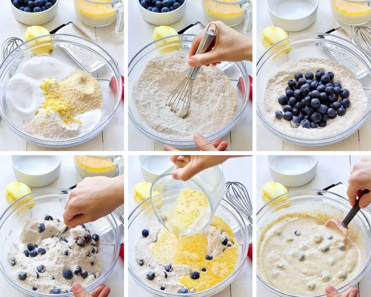 Process of mixing batter for vegan blueberry muffins.