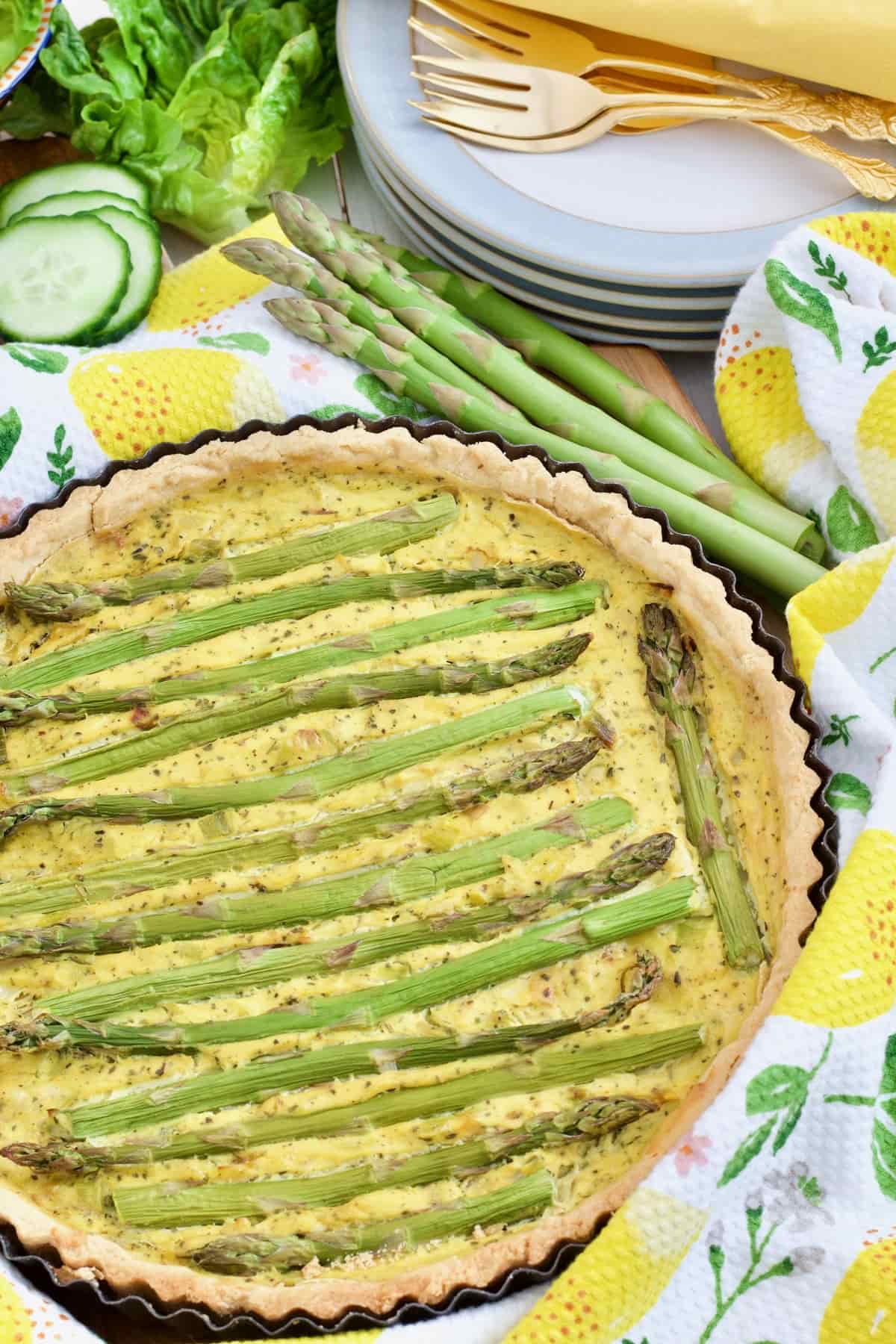 Vegan asparagus quiche served.