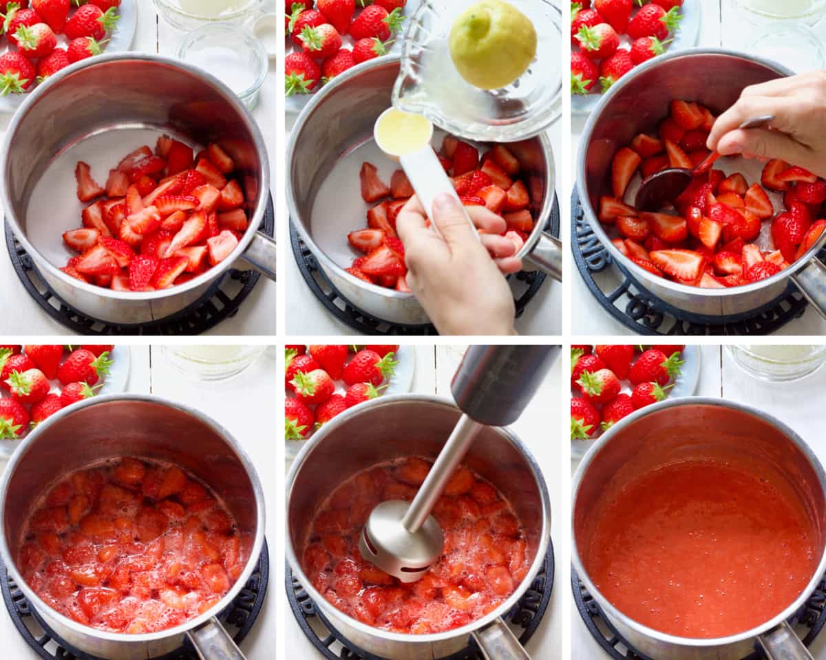 Strawberry coulis making process collage.