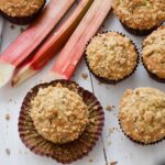 Rhubarb muffins & three rhubarb stalks.