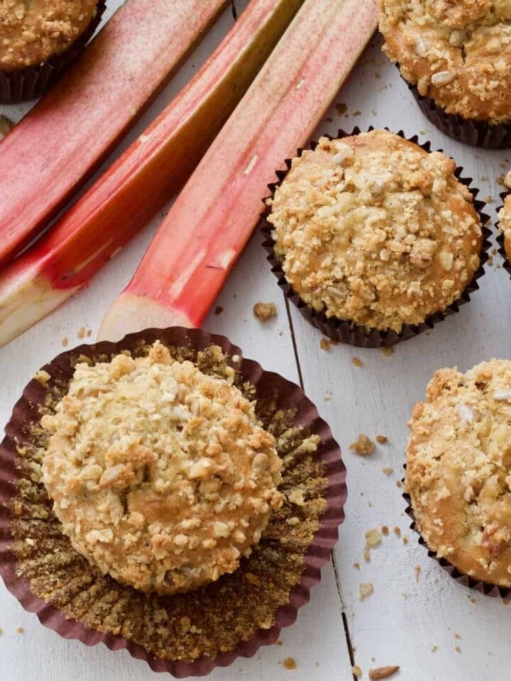 Rhubarb muffins & three rhubarb stalks.