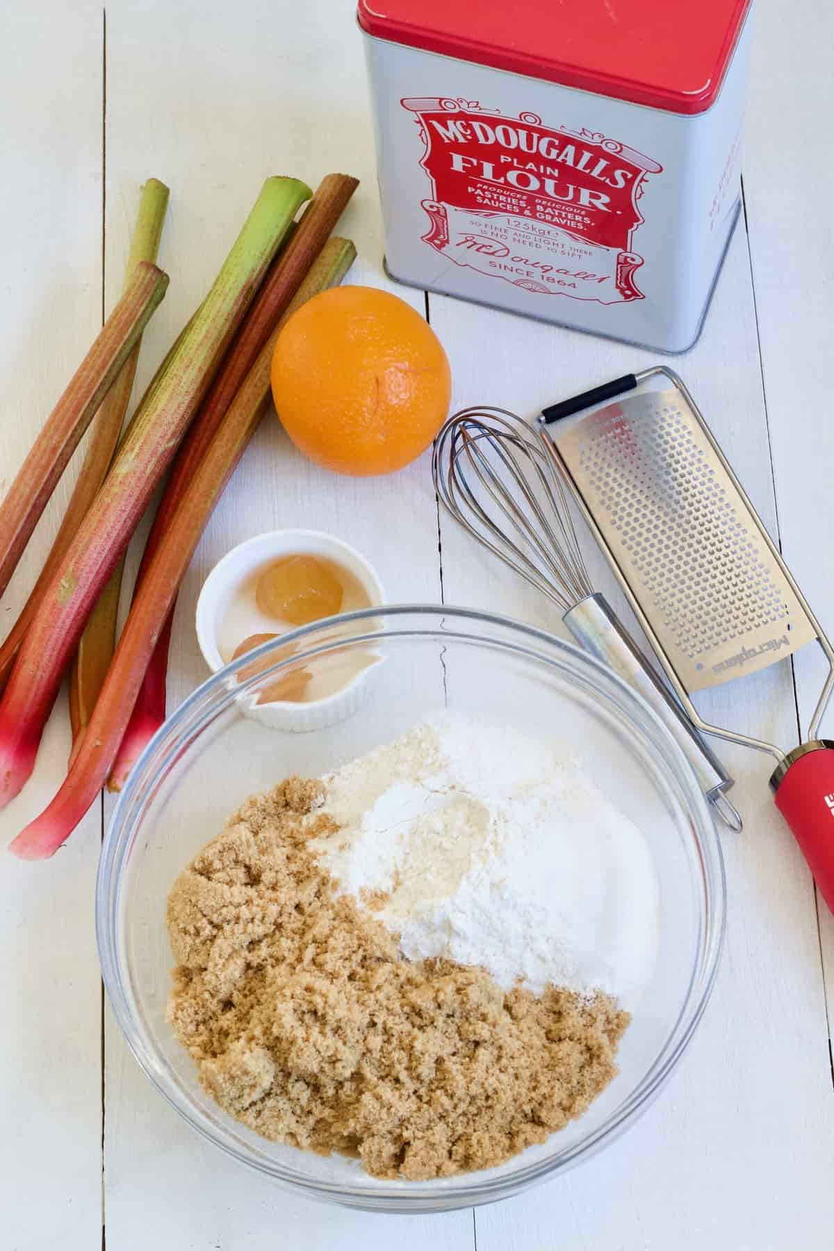 Ingredients for making rhubarb muffins.