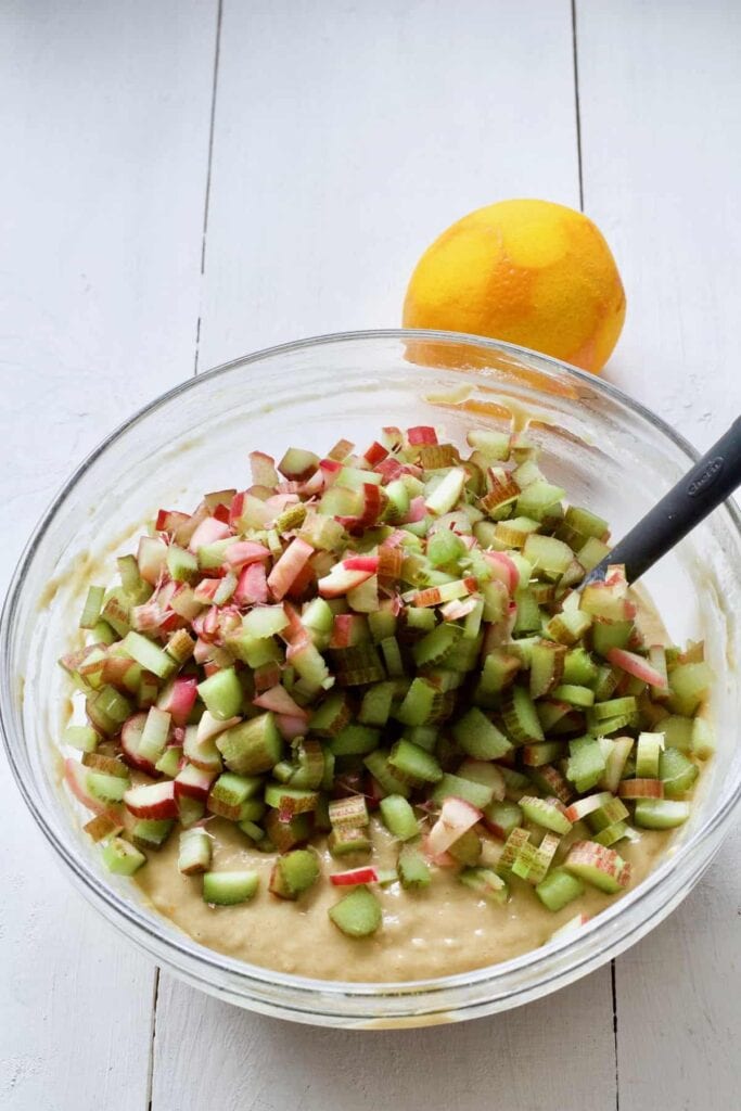 Chopped rhubarb added to the muffin batter.