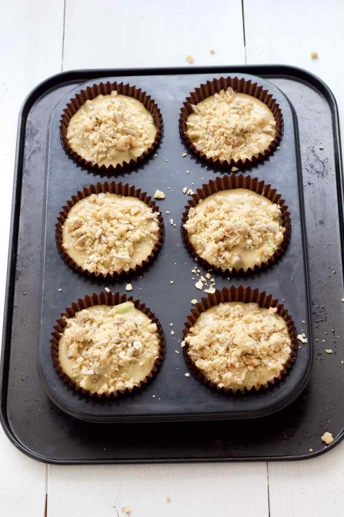 Rhubarb muffins in cases ready for the oven.